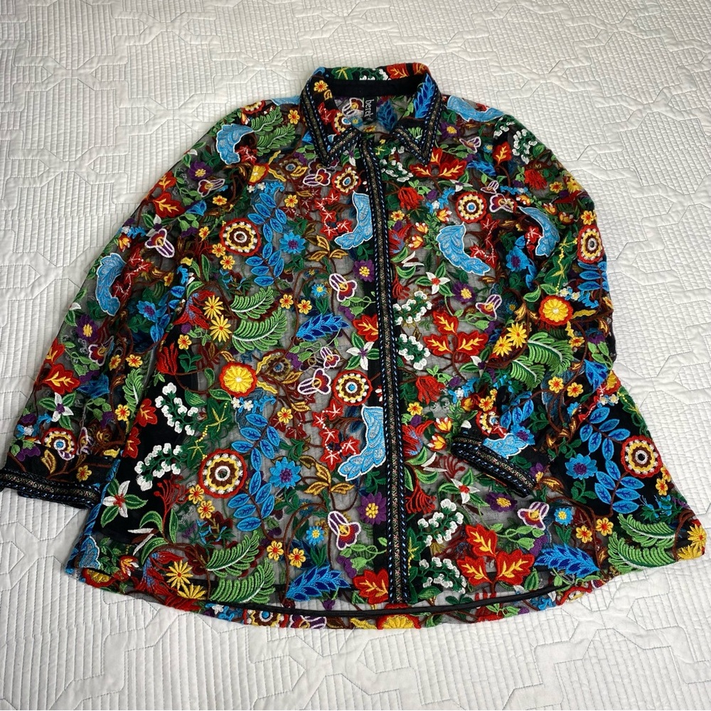 BEREK Petite L Floral Embroidered Black Mesh Button Down Shirt Blouse *flaw